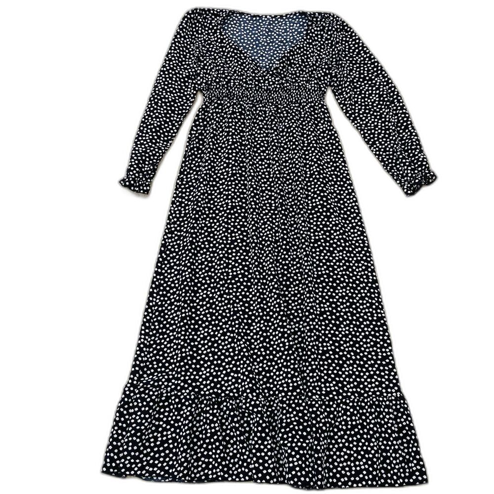 Women's Size L Floral Print V-Neck Black White Maxi Peasant Dress